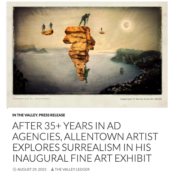 press clipping from The Valley Ledger about Denis Aumiller's Somnia Terra 1 art exhibit, showing a photograph from the show and the headline of the article